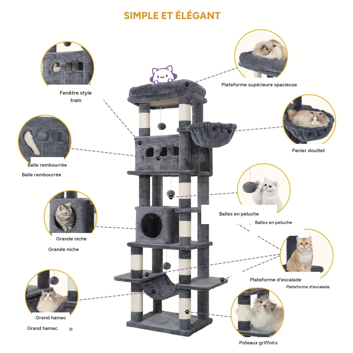Arbre à chat XXL 170cm multi-niveaux griffoirs niches – détail 5