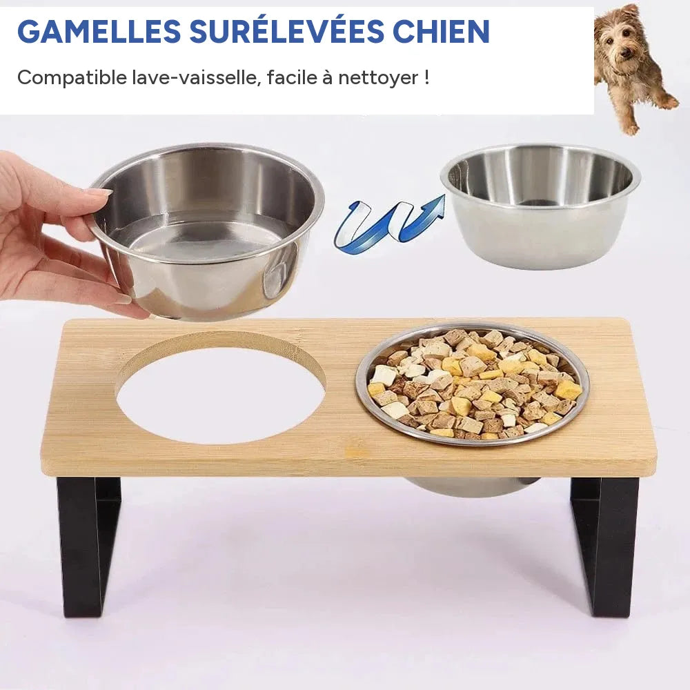 Bols sureleves pour chat, chiot, inclines anti-vomissement avec support bois – en situation