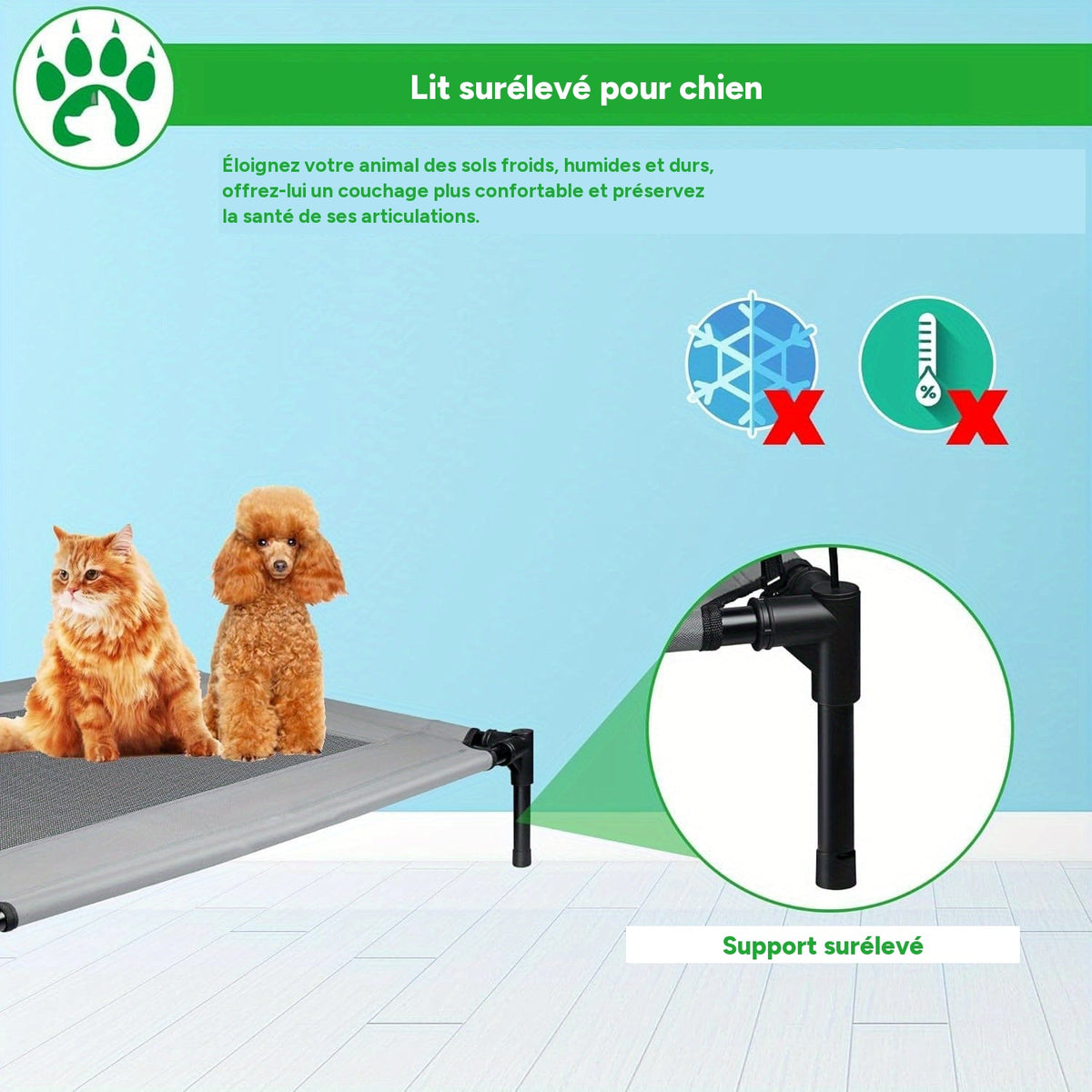 Lit surélevé pour chien avec auvent, couchage portable intérieur/extérieur – détail