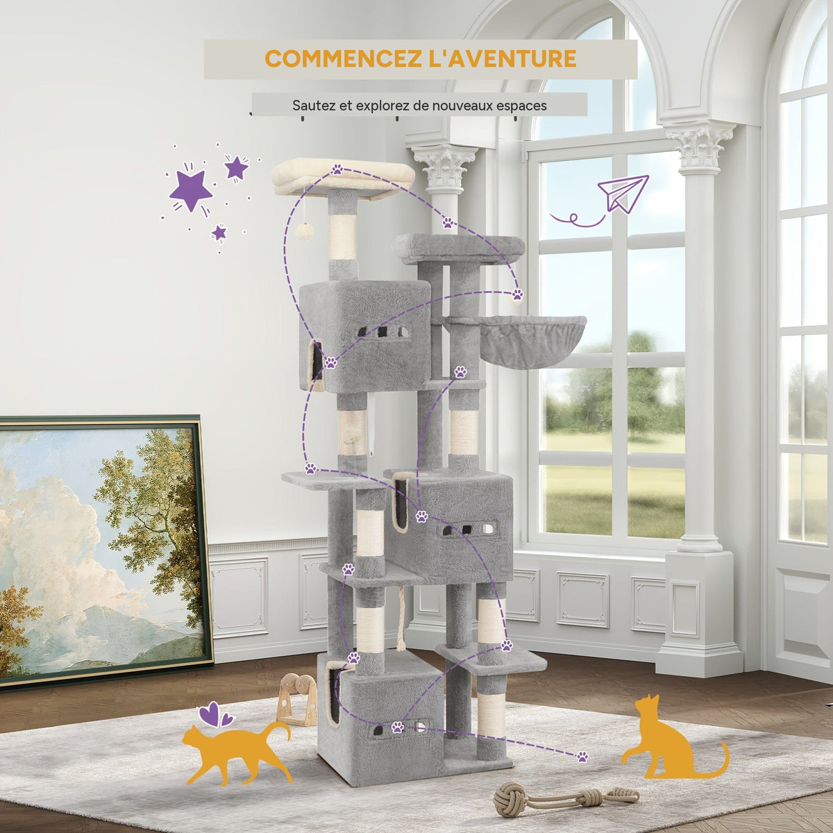 Arbre à chat XXL 193cm tour 7 niveaux niches griffoirs – détail 3