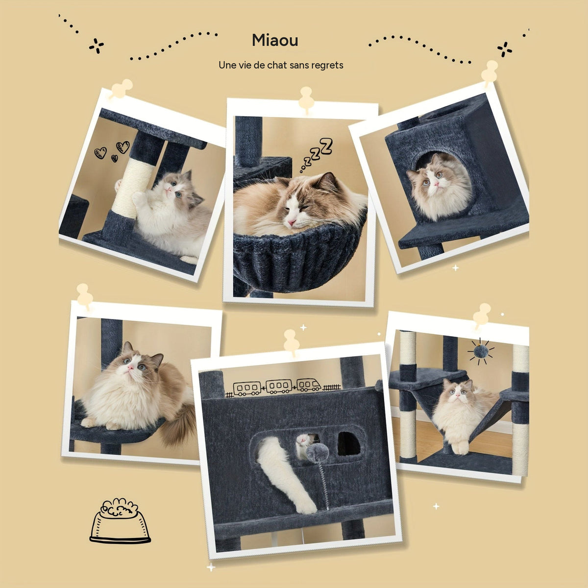Arbre à chat XXL 170cm multi-niveaux griffoirs niches – détail 6
