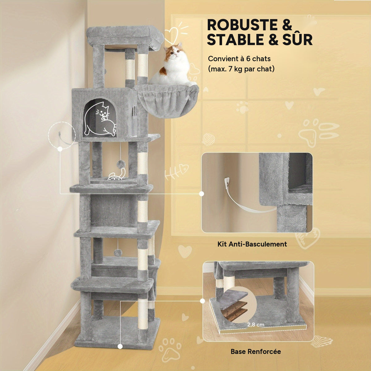 Arbre à chat XXL 170cm multi-niveaux griffoirs niches – détail 7