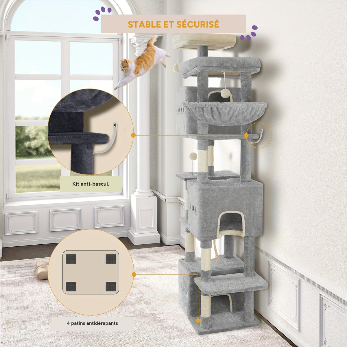 Arbre à chat XXL 193cm tour 7 niveaux niches griffoirs – détail 4