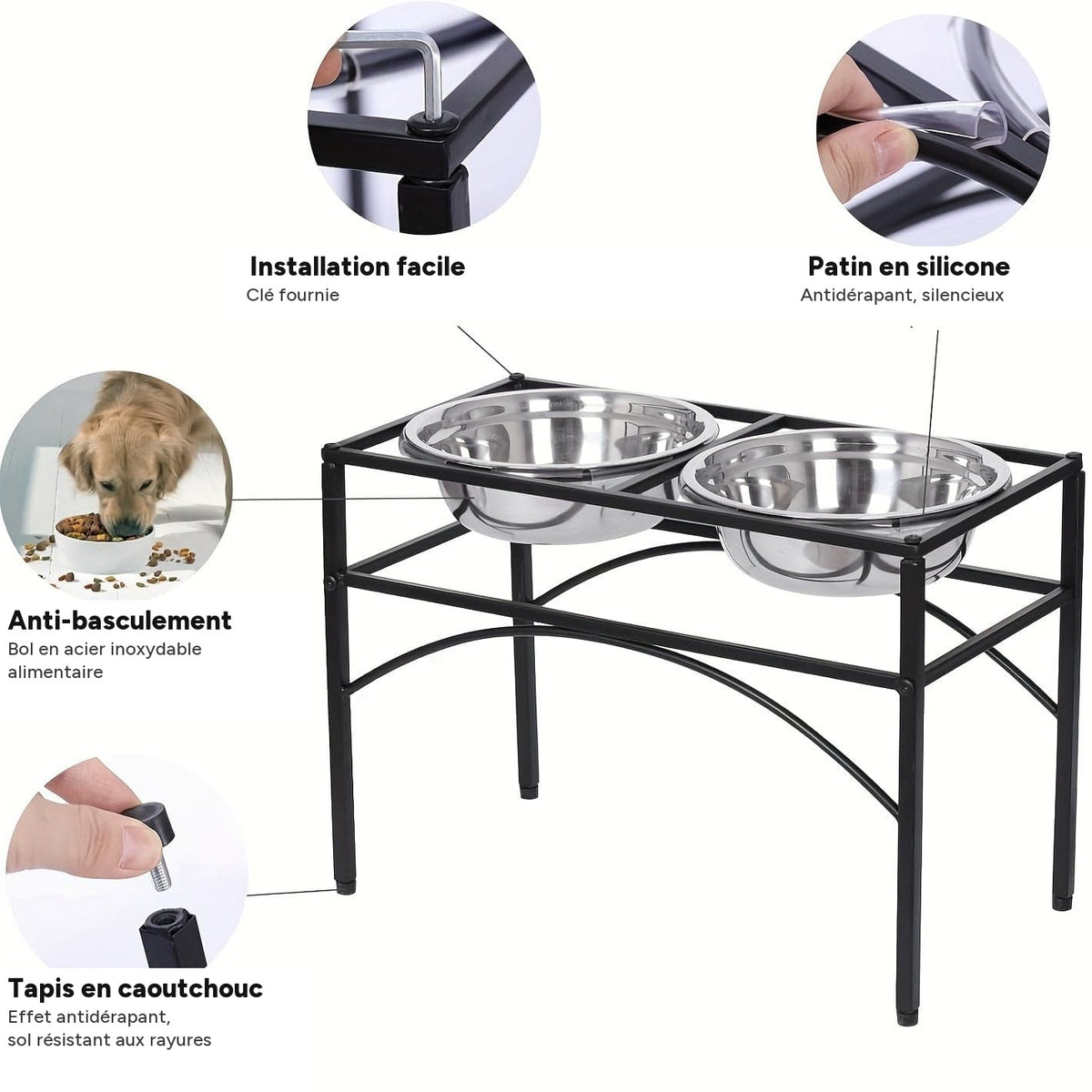 Station d’alimentation surélevée pour chien – Double gamelle inox & support métal - One PETS-TOP – vue 9