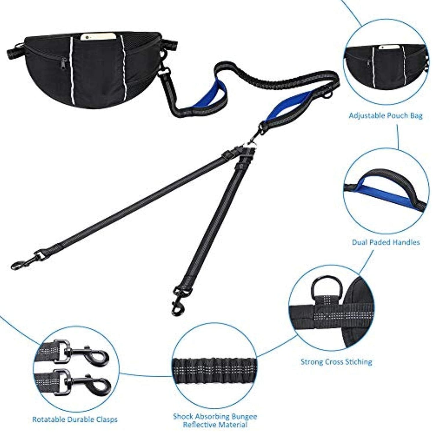 Laisse Pour Chien, Laisse Corde, Laisse Chien Main Libre, Flexible Nylon Élastique Réglable, Réfléchissante, Pochette Ajustable Pour Deux Chiens Grands Ou Moyens, Idéal Pour Course À Pied - One PETS - TOP