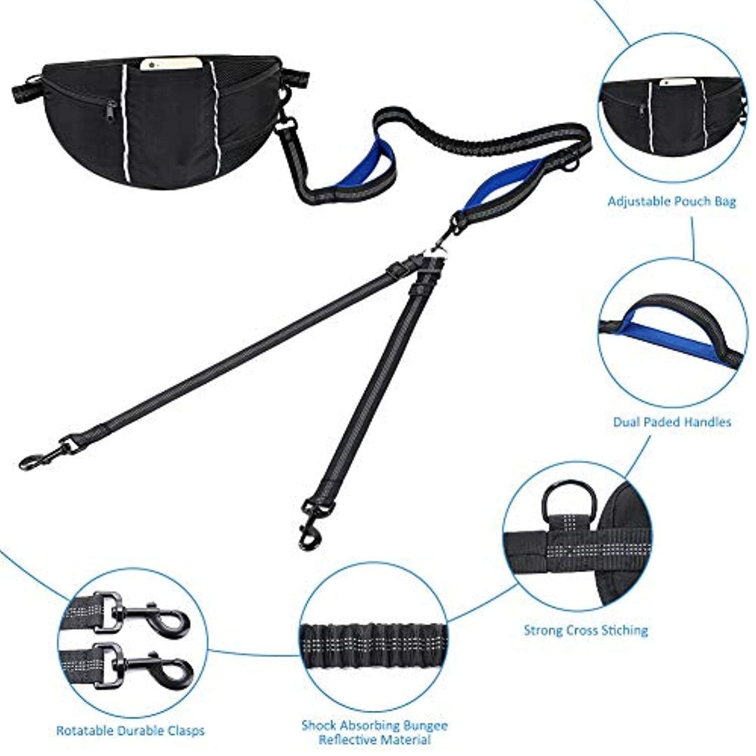 Laisse Pour Chien, Laisse Corde, Laisse Chien Main Libre, Flexible Nylon Élastique Réglable, Réfléchissante, Pochette Ajustable Pour Deux Chiens Grands Ou Moyens, Idéal Pour Course À Pied - One PETS - TOP