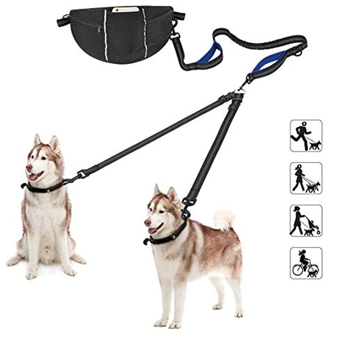 Laisse Pour Chien, Laisse Corde, Laisse Chien Main Libre, Flexible Nylon Élastique Réglable, Réfléchissante, Pochette Ajustable Pour Deux Chiens Grands Ou Moyens, Idéal Pour Course À Pied - One PETS - TOP