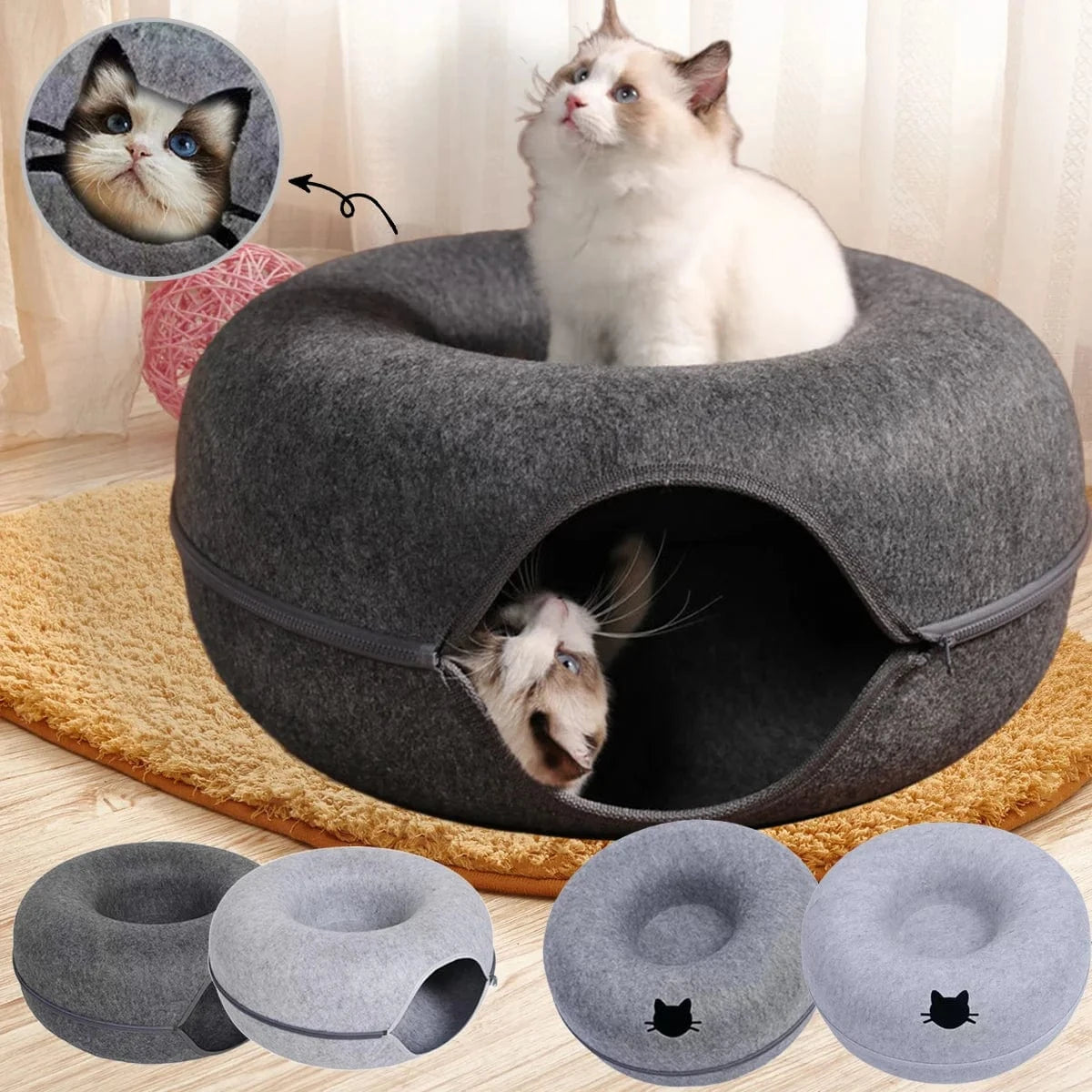 Lit Donut 2-en-1 pour chat & petit chien – Tunnel interactif cosy One PETS-TOP