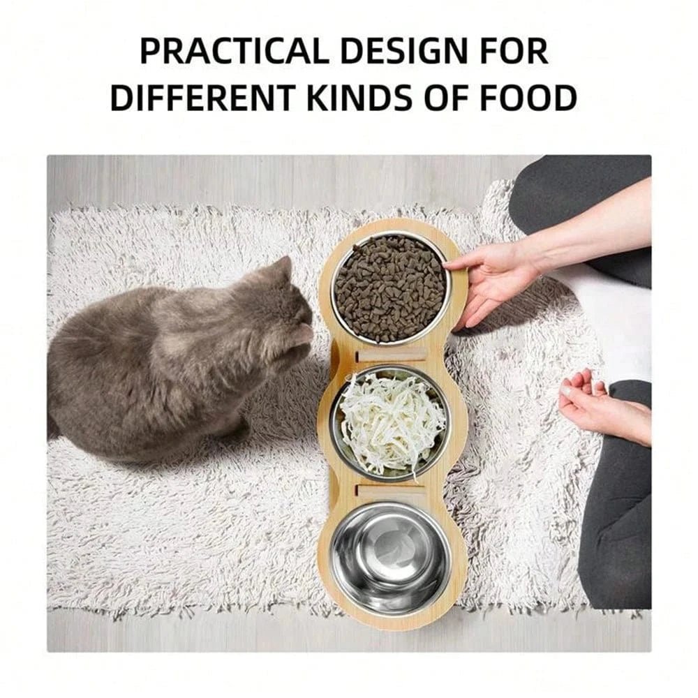Mangeoire 3 - en - 1 pour chat & chiot – Bols inox surélevés avec support bois - One PETS - TOP