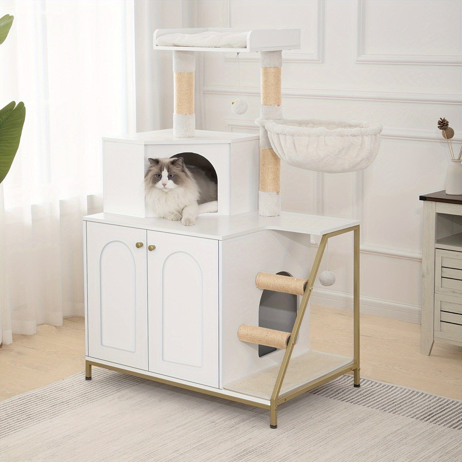Meuble 4-en-1 chat – Cache-litière, arbre à chat & condo multi-niveaux Blanc One PETS-TOP