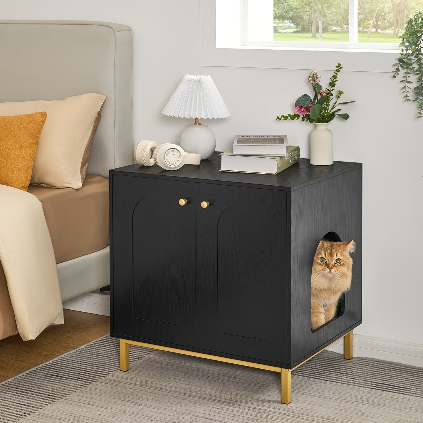 Meuble cache litière chat avec porte – Table d’appoint bois 50×60×61 cm - One PETS - TOP