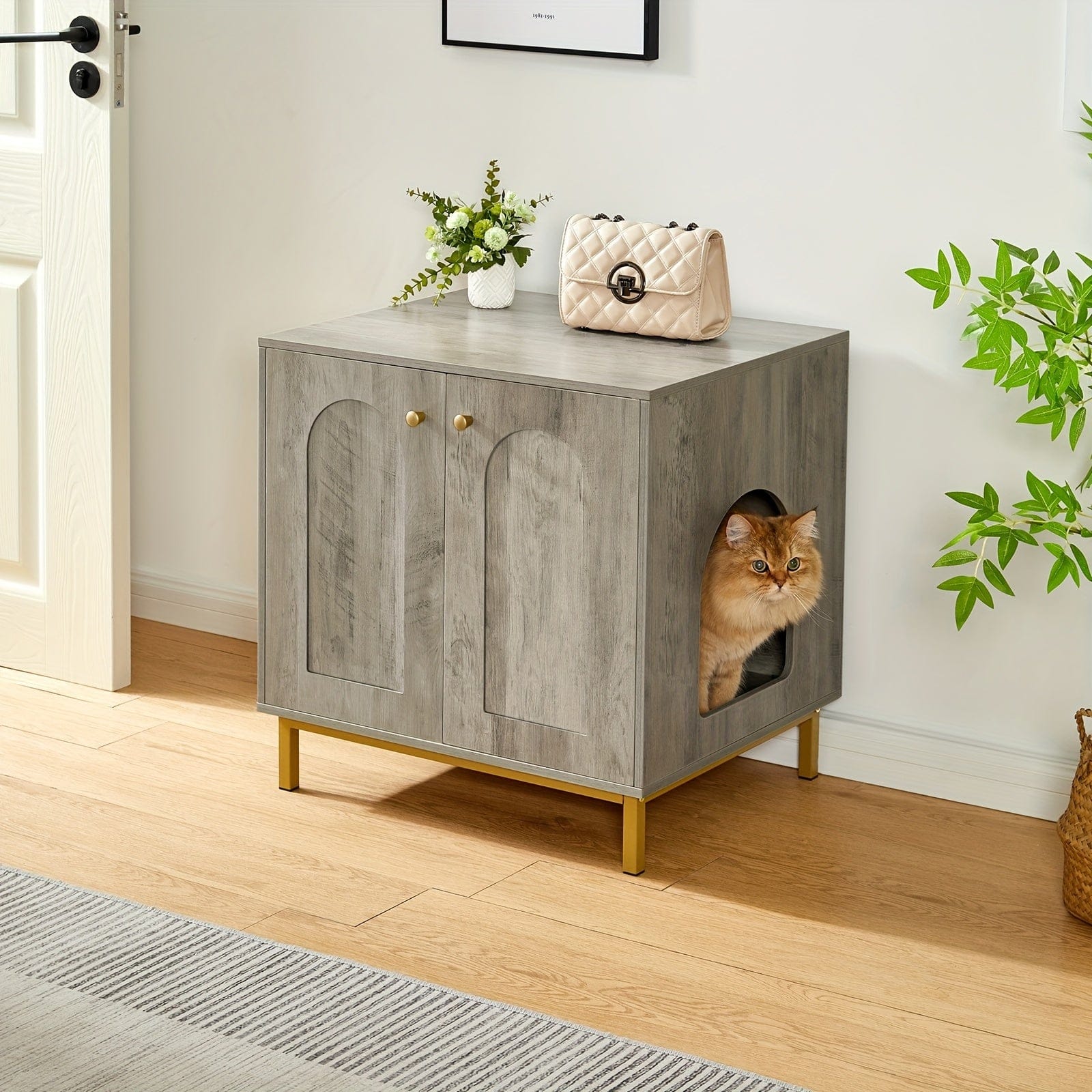 Meuble cache litière chat avec porte – Table d’appoint bois 50×60×61 cm - One PETS - TOP