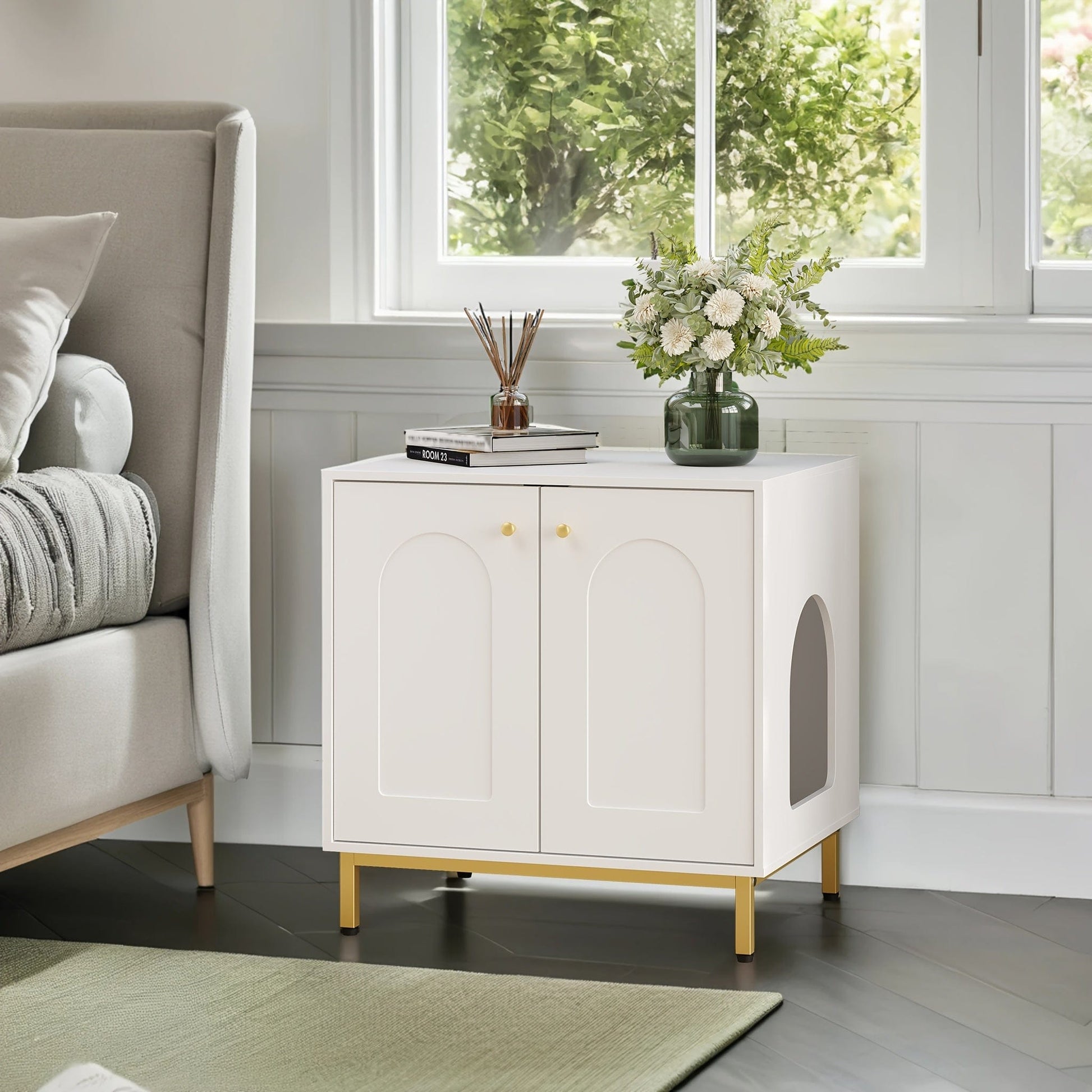Meuble cache - litière design – Armoire pour chat blanche & dorée - One PETS - TOP