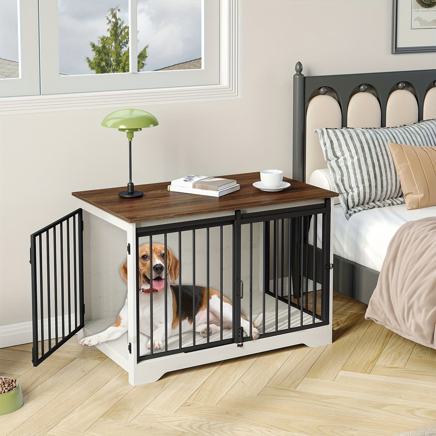 Meuble cage pour chien design – Niche intérieure bois blanc & brun 100 cm - One PETS - TOP