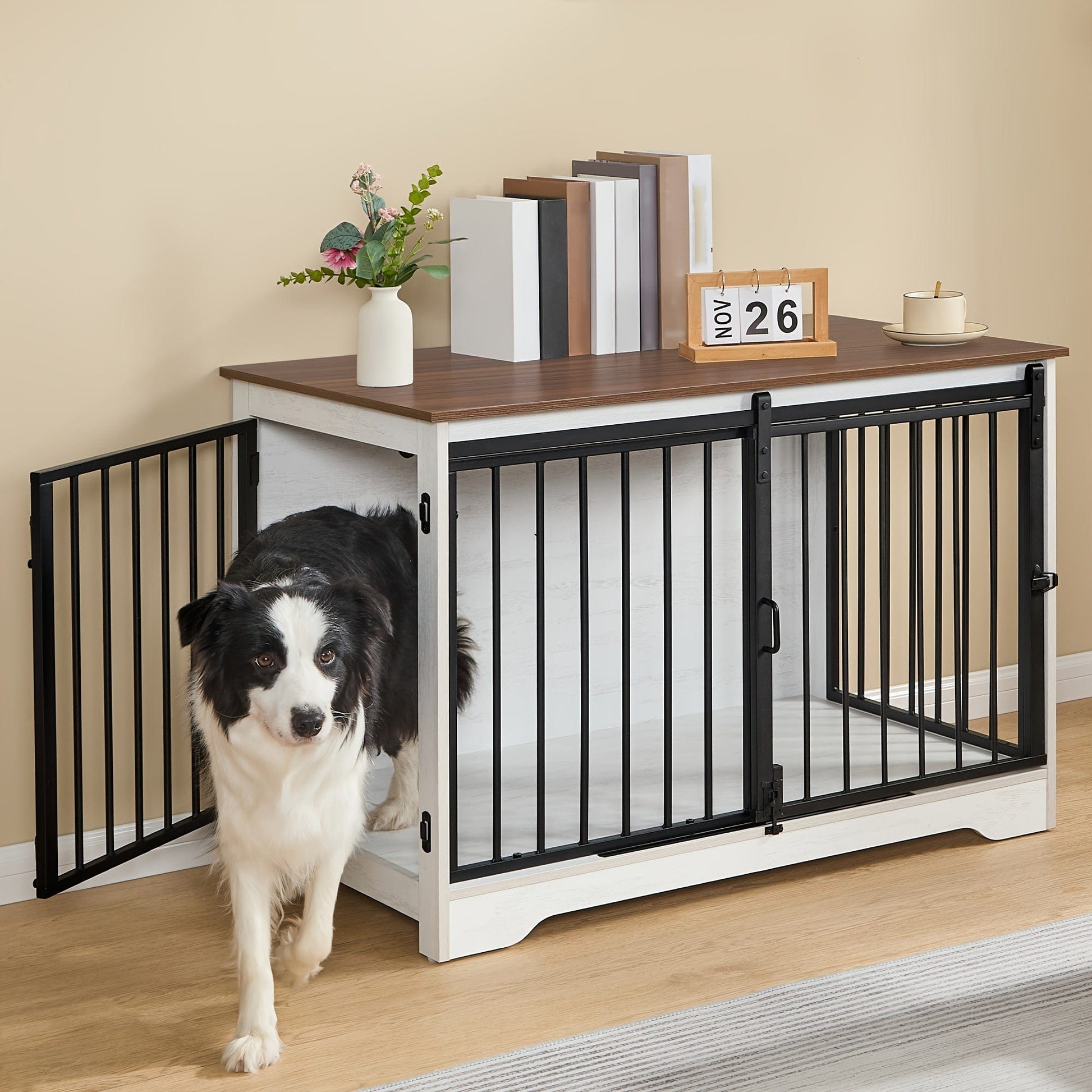 Meuble cage pour chien design – Niche intérieure bois blanc & brun 100 cm - One PETS - TOP