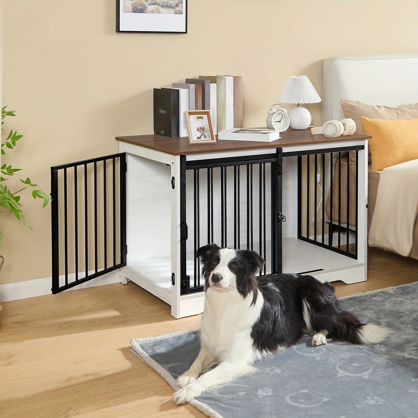 Meuble cage pour chien design – Niche intérieure bois blanc & brun 100 cm - One PETS - TOP
