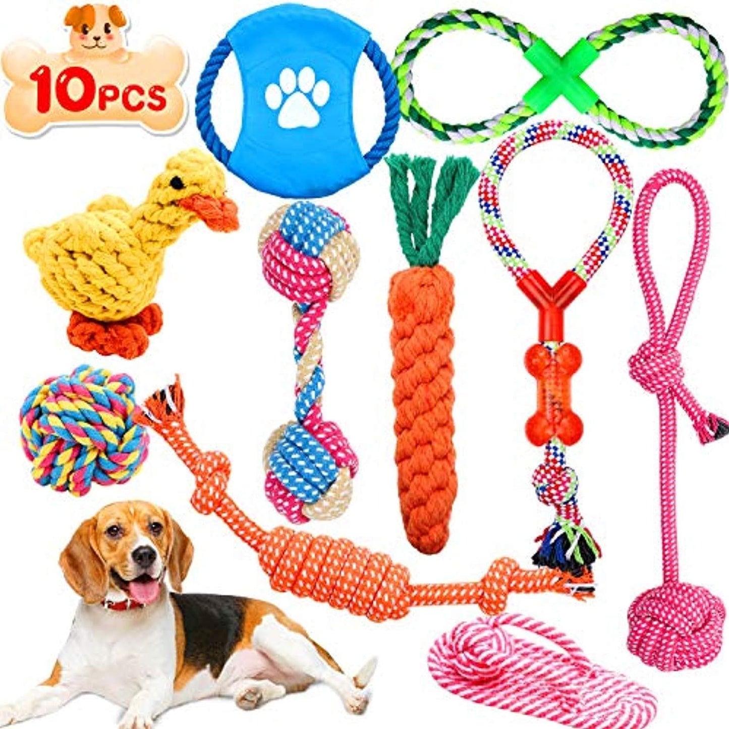 Lot De 10 Jouets Chien Chiot, Durables Jouet Corde Chien, Jouet À Mâcher Corde De Dentition Pour Petit Et Moyen Chien, Jouet Interactif Chien Avec Cordon De Tirage Frisbee Balle Duck Carotte - One PETS-TOP