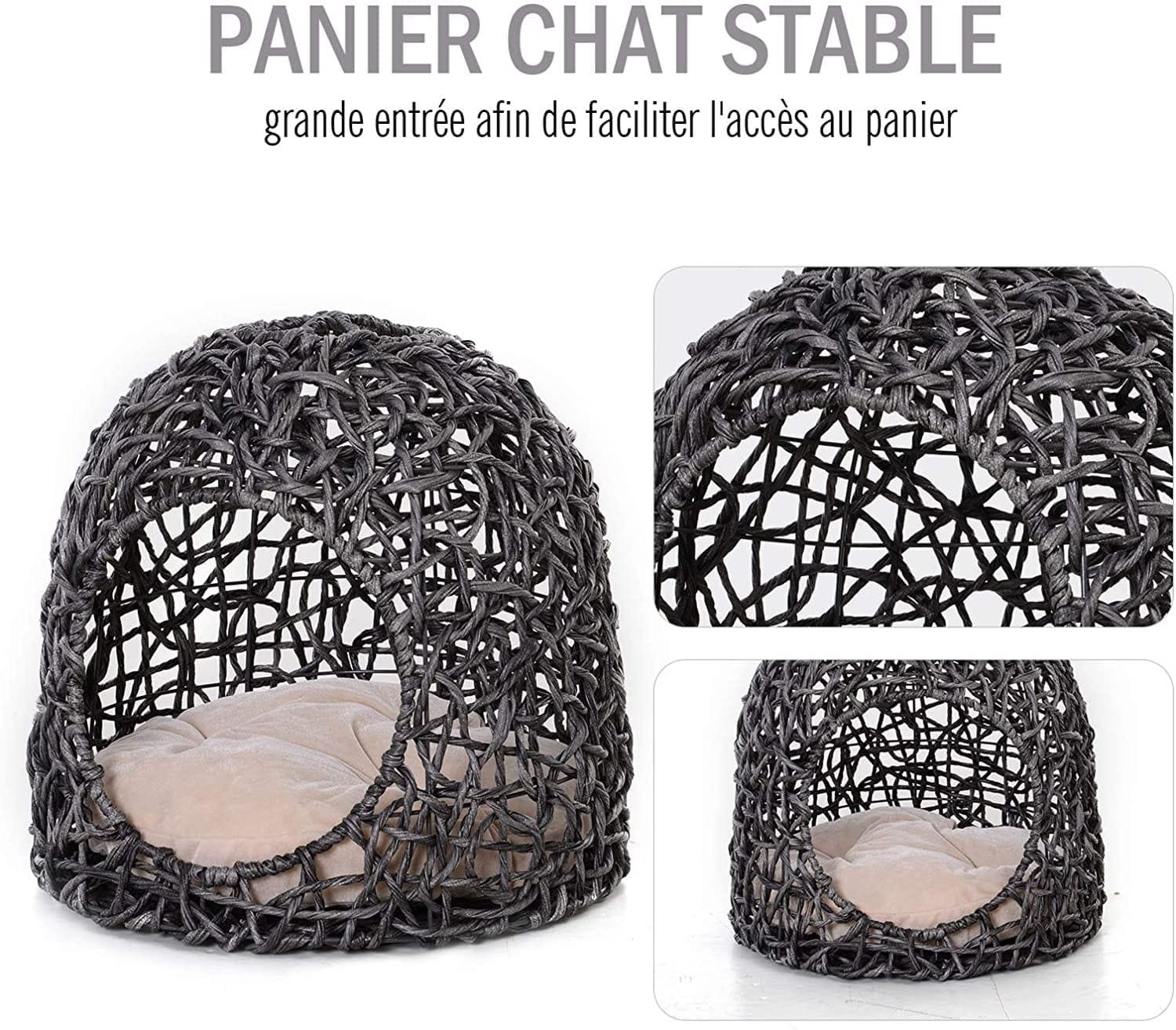 Panier Chat Lit Chat Cosy Grand Confort Dim. Ø 52 X 58H Cm Coussin Moelleux Beige Inclus Résine Tressée Imitation Rotin Gris - One PETS-TOP