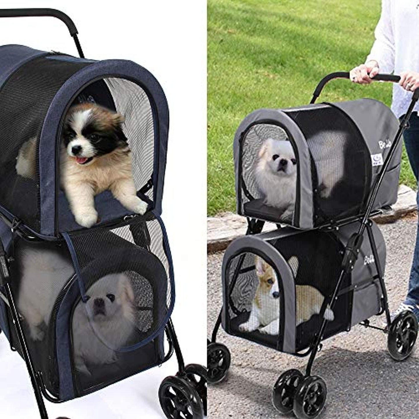 Poussette Double Pour Petits Et Moyens Chiens Et Chats，Poussette Double Pour Animaux De Compagnie Avec Support Amovible - One PETS-TOP