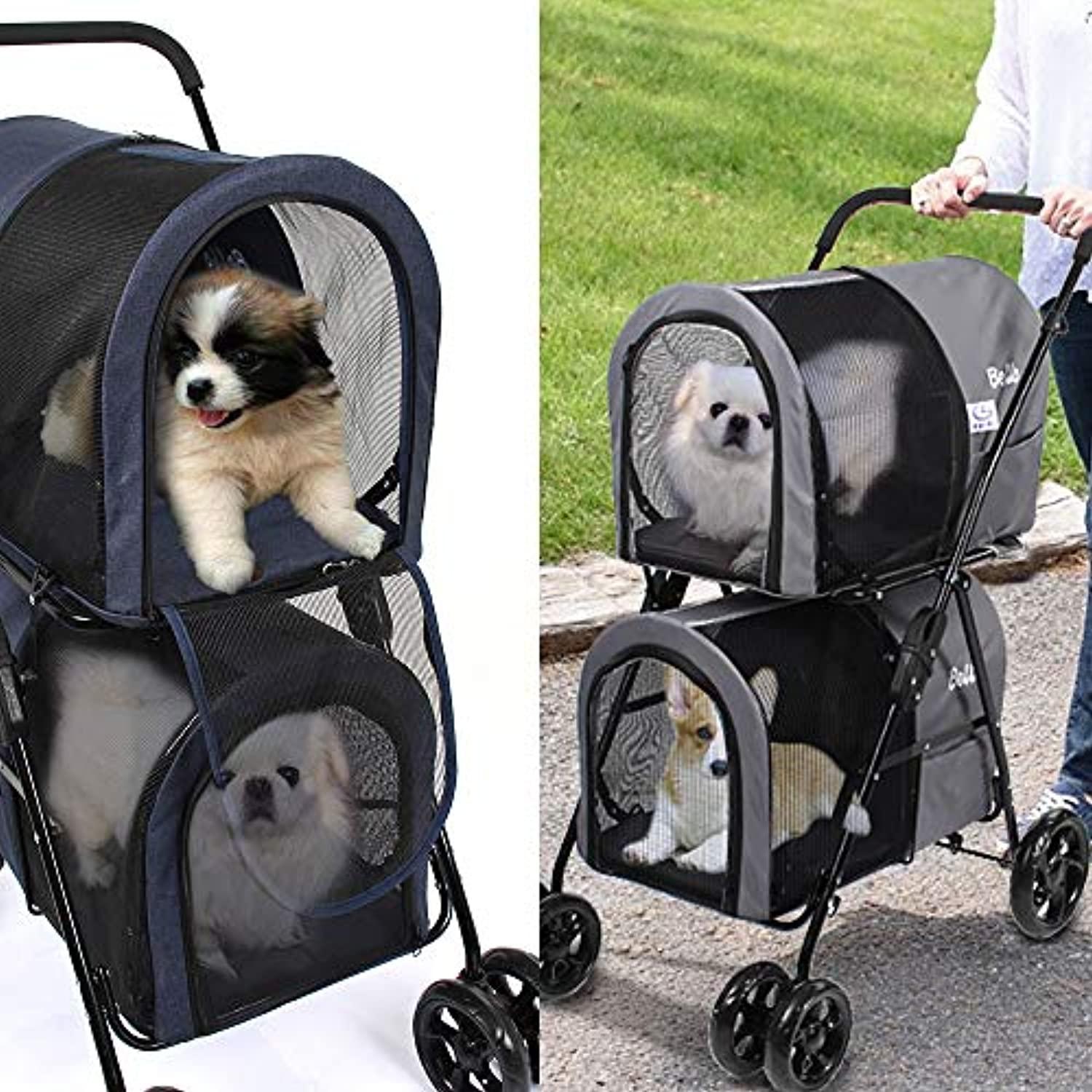 Poussette Double Pour Petits Et Moyens Chiens Et Chats，Poussette Double Pour Animaux De Compagnie Avec Support Amovible - One PETS-TOP