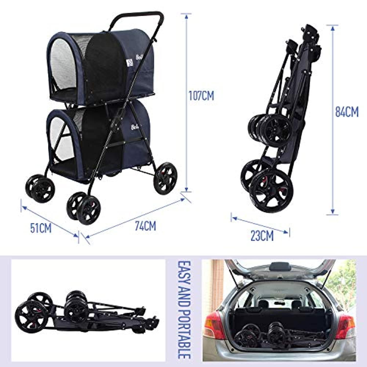 Poussette Double Pour Petits Et Moyens Chiens Et Chats，Poussette Double Pour Animaux De Compagnie Avec Support Amovible - One PETS-TOP