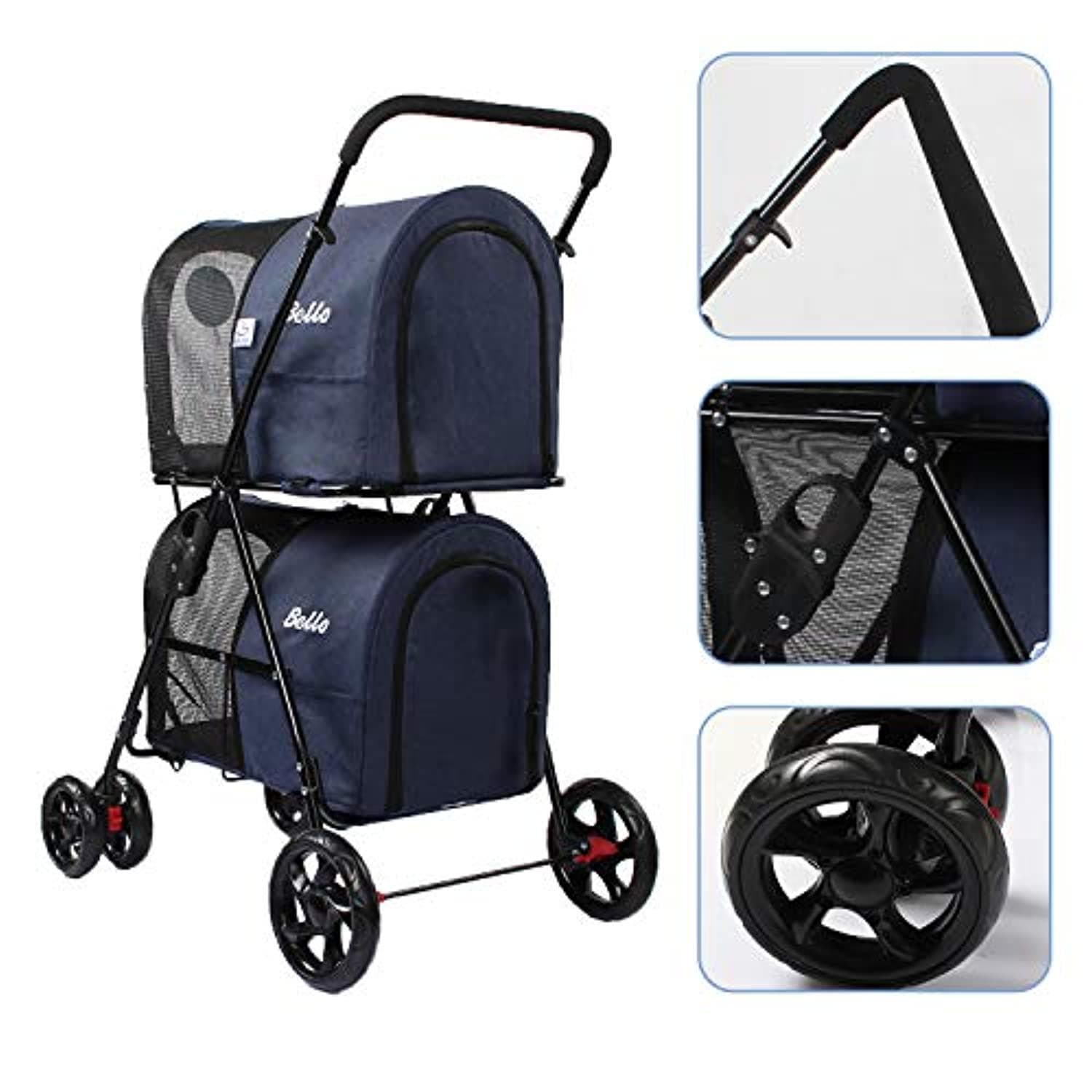 Poussette Double Pour Petits Et Moyens Chiens Et Chats，Poussette Double Pour Animaux De Compagnie Avec Support Amovible - One PETS-TOP