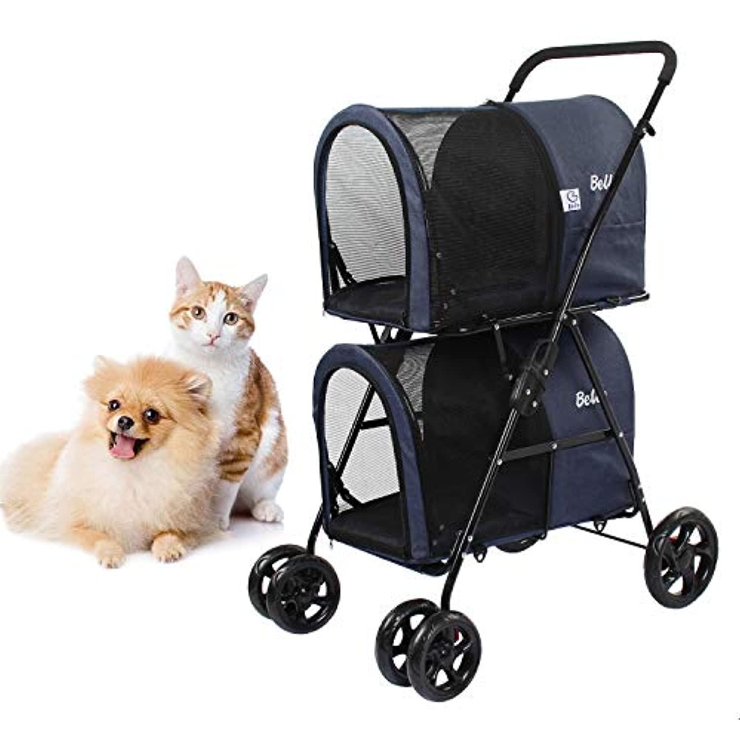 Poussette Double Pour Petits Et Moyens Chiens Et Chats，Poussette Double Pour Animaux De Compagnie Avec Support Amovible - One PETS-TOP
