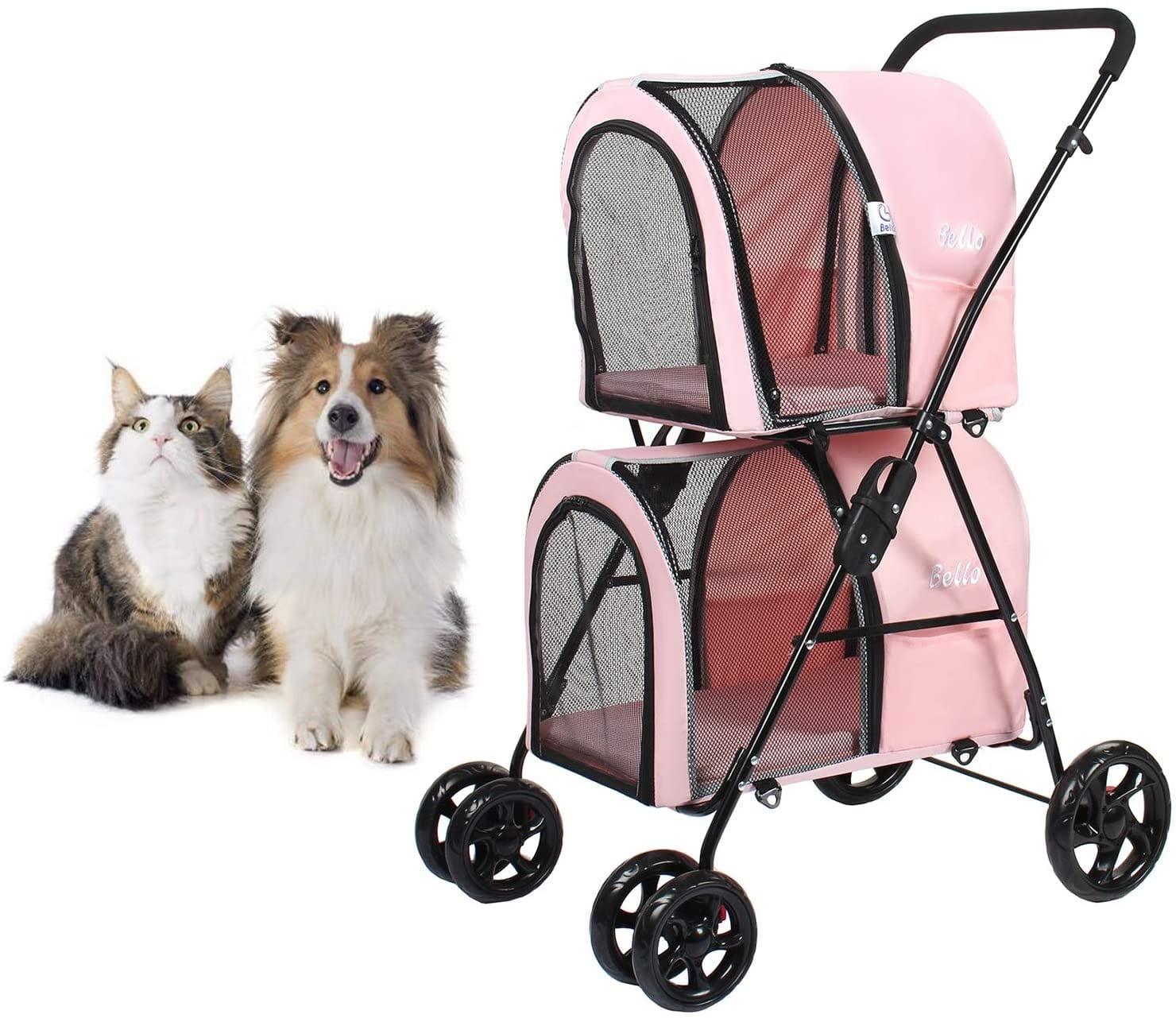 Poussette Double Pour Petits Et Moyens Chiens Et Chats，Poussette Double Pour Animaux De Compagnie Avec Support Amovible - One PETS-TOP