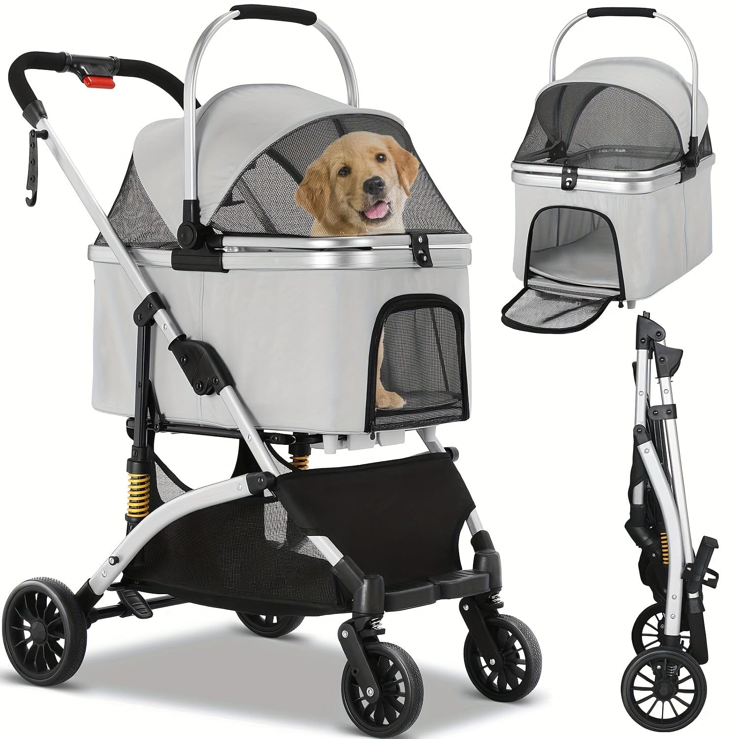 Poussette pliable 3-en-1 pour chats & petits chiens – Jusqu’à 20 kg Gris & Argent One PETS-TOP