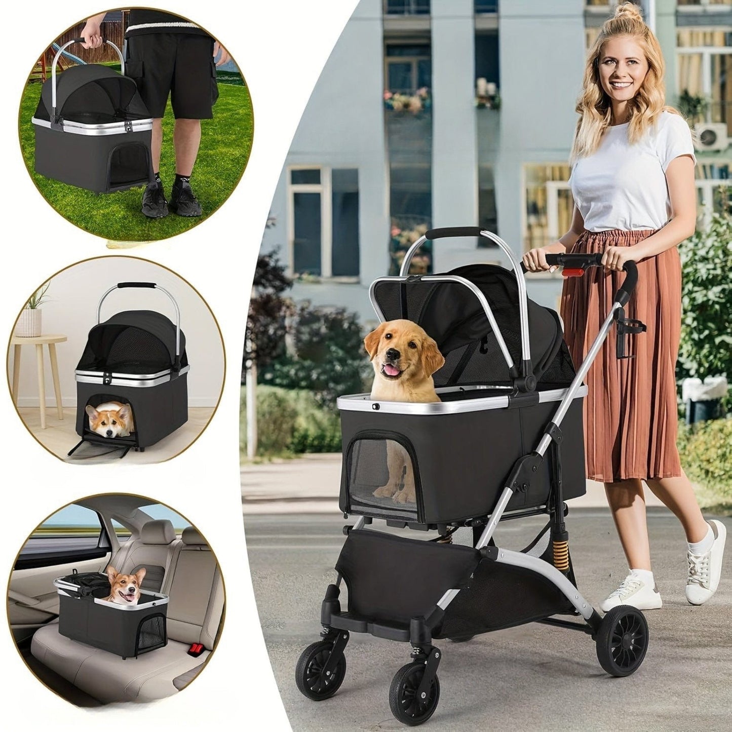 Poussette pliable 3 - en - 1 pour chats & petits chiens – Jusqu’à 20 kg - One PETS - TOP