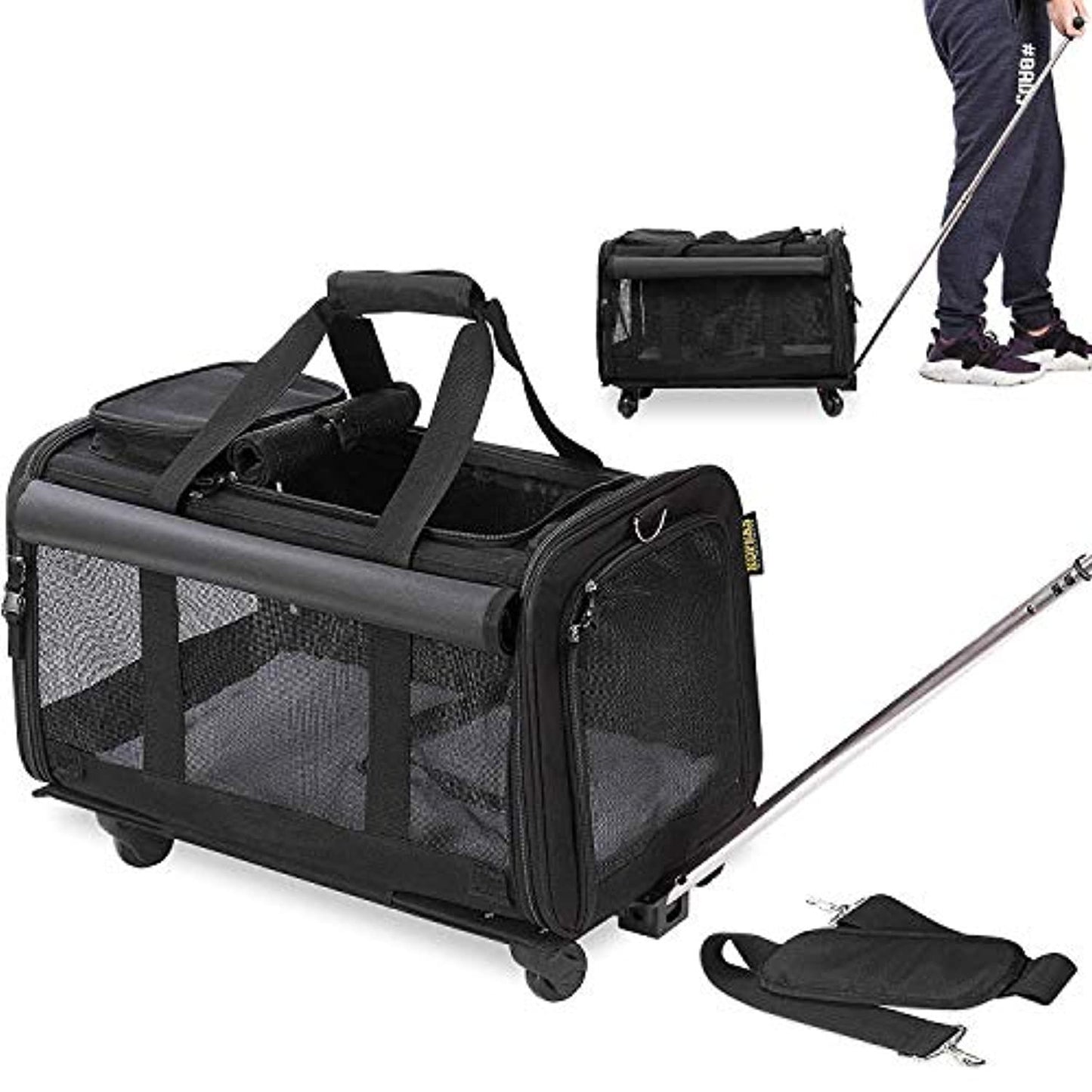 Sac De Transport Souple À Roulettes Pour Animaux De Compagnie (Chien, Chat, Lapin…) - Modèle Trolley/Chariot De Voyage Avec Poignée Au Manche Télescopique Et Roues Amovibles - Noir - One PETS - TOP