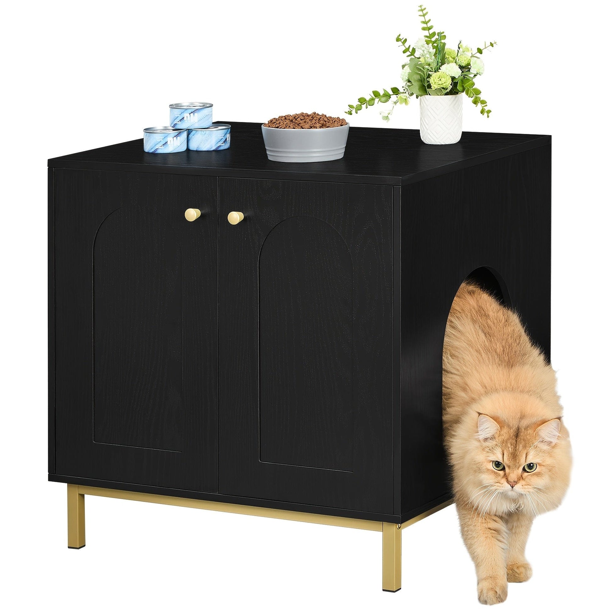 Versatile Cat Litter Cabinet with Door - Sturdy Wooden Side Table, Odor-Reducing Pet House, Fits Most Boxes, 50x60x61cm Black One PETS-TOP