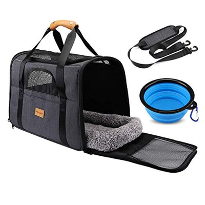 Sac Transport Chat Chien, Caisse De Transport Chat Respirant Et Pliable Cage Transport Chat Avec Matelas En Peluche Amovible + Bol - One PETS-TOP